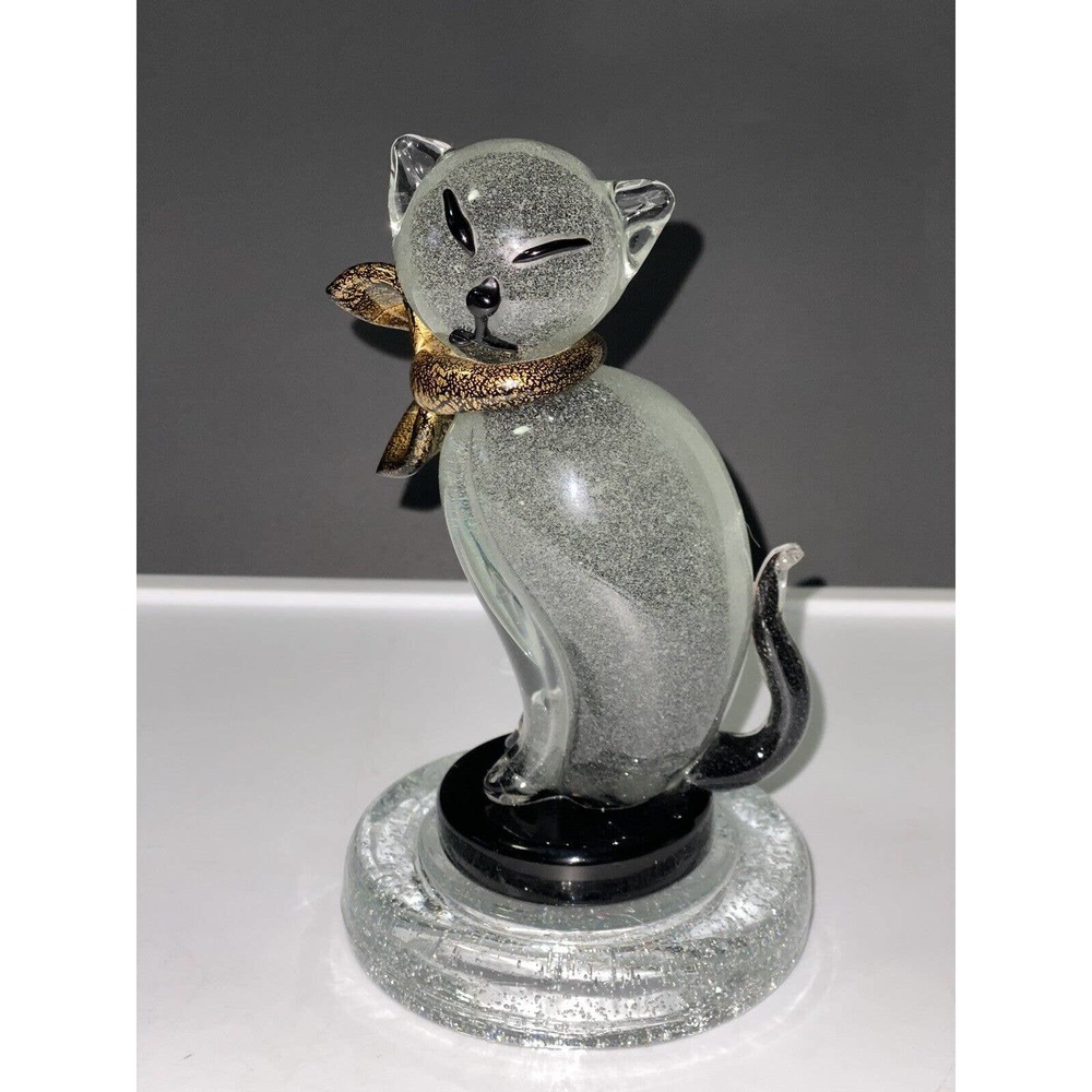 Alfredo Barbini Murano Pulegoso Gray Gold Flecks Italian Art Glass Kitty Cat
